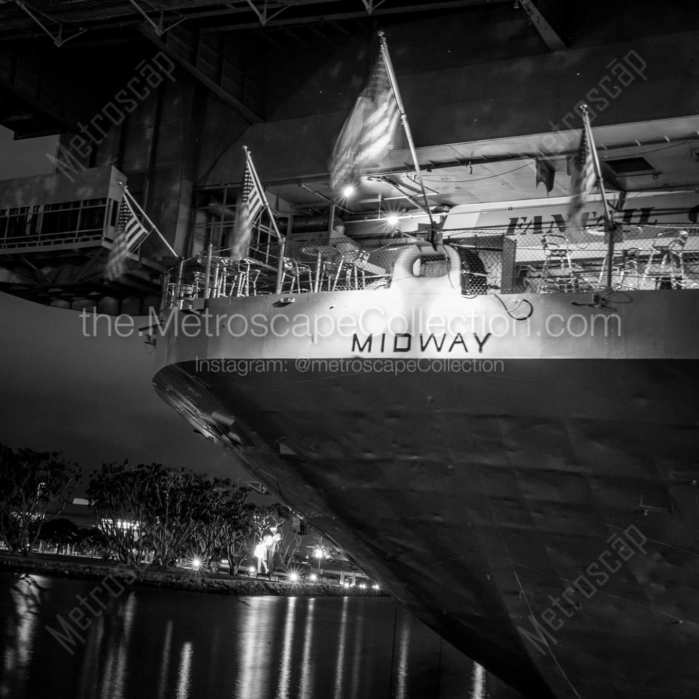 Stern Of The Uss Midway San Diego Harbor black and white: Square crop